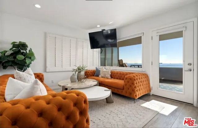 a living room with furniture and a potted plant
