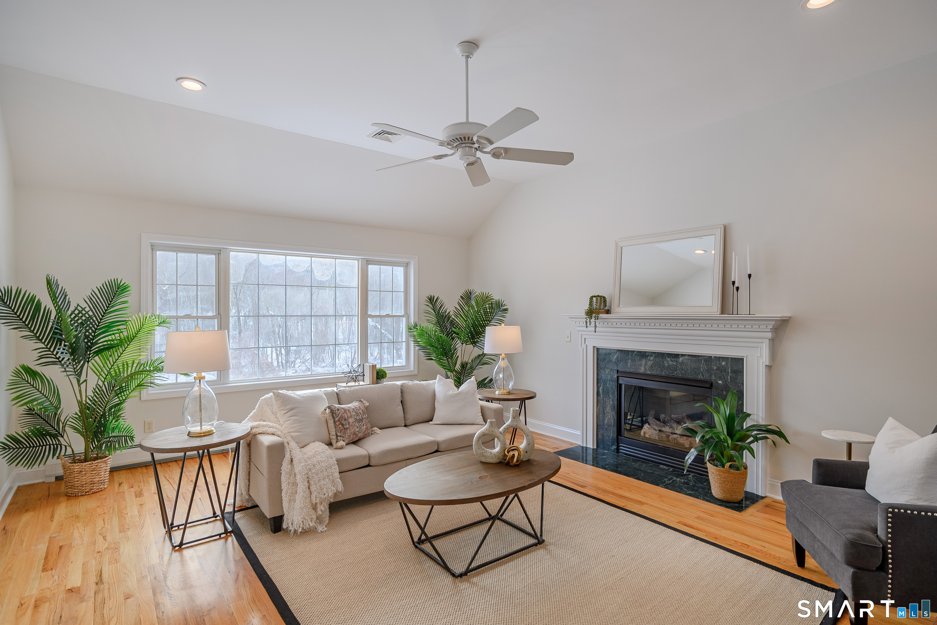 a living room with furniture and a fireplace