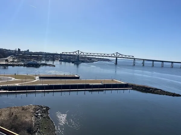 a view of a lake with a city