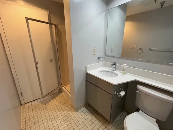 a bathroom with a sink toilet and mirror
