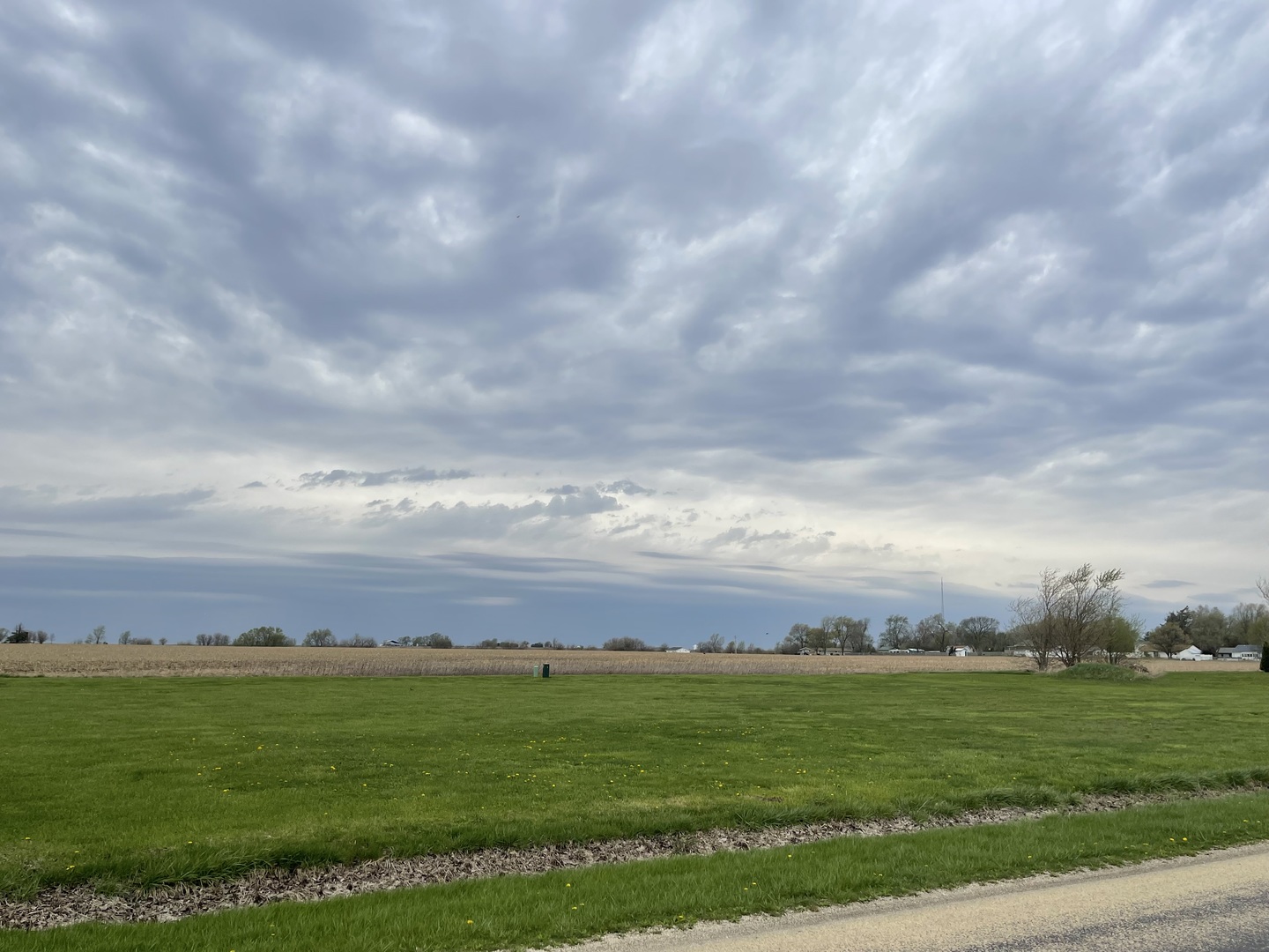 a view of a big green field with an ocean