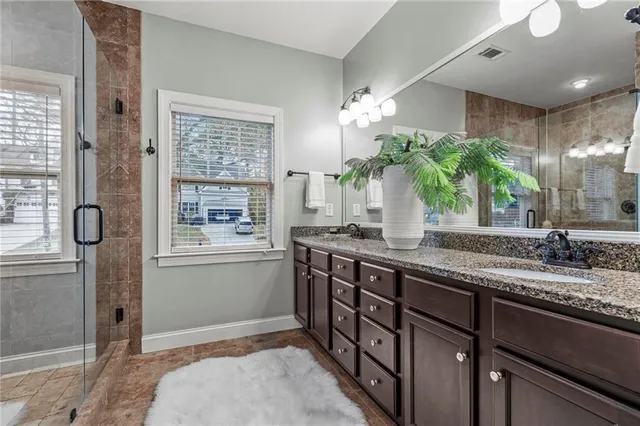 a bathroom with a granite countertop sink a potted plant and a shower