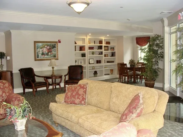 a living room with furniture and a potted plant