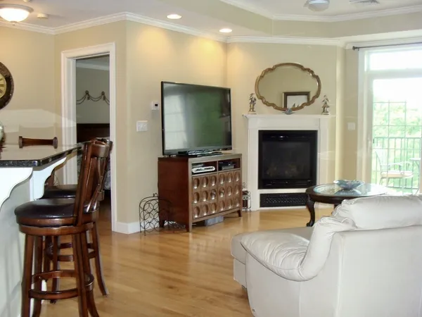 a living room with furniture a flat screen tv and a fireplace