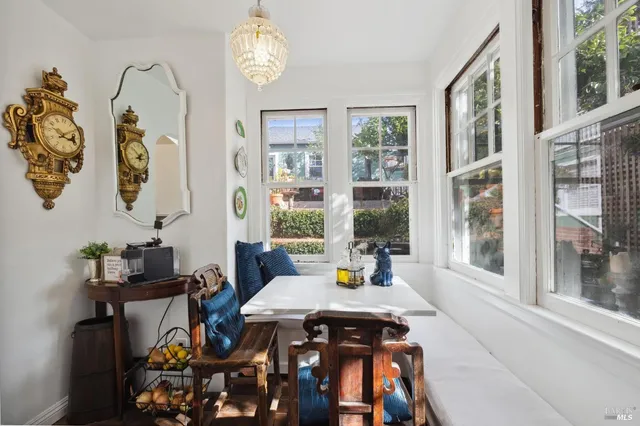 a view of a dining room with furniture window and outside view