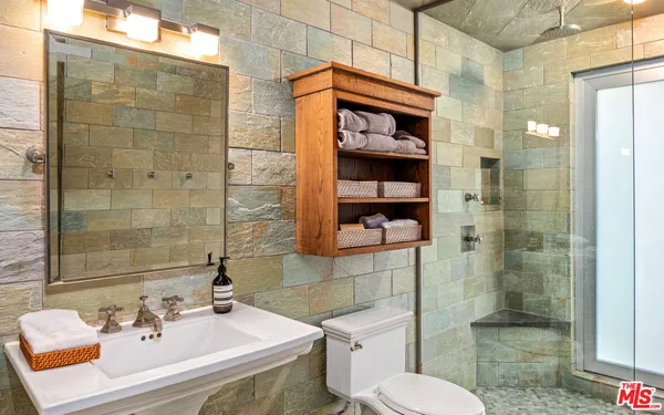 a view of a garden with plants and large trees