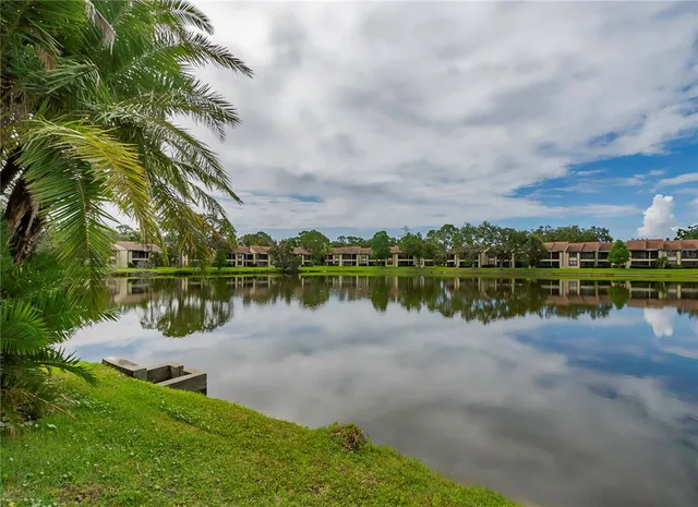 a view of a lake with houses in the back