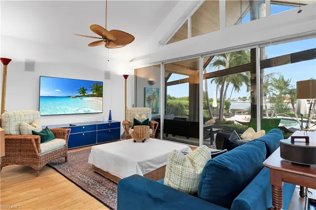 a living room with furniture tv and a large window