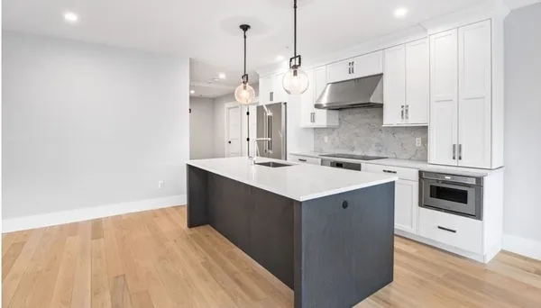 a kitchen with a sink a stove and a refrigerator