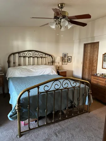 a view of a bedroom with furniture and a ceiling fan