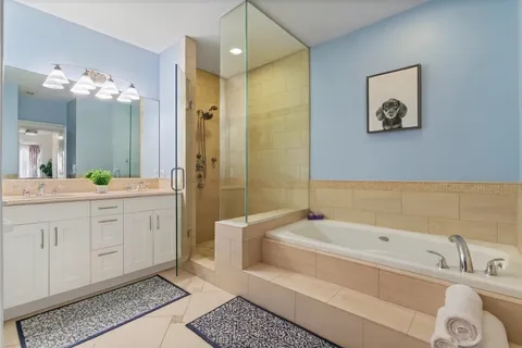 a bathroom with a tub a sink and a shower