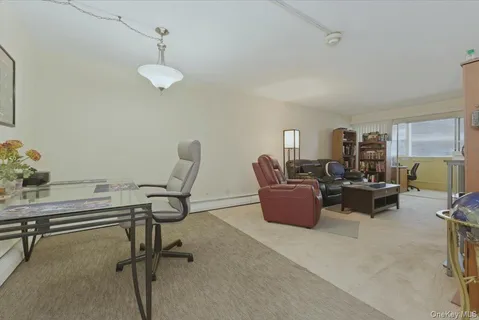 a living room with furniture a rug and a book shelf