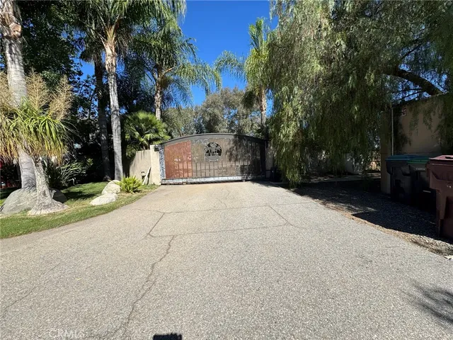 a view of backyard with large trees and flower plants