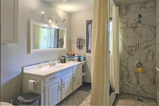 a bathroom with a double vanity sink mirror and shower
