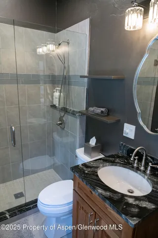 a bathroom with a sink toilet and shower