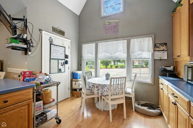 a view of a dining room with furniture
