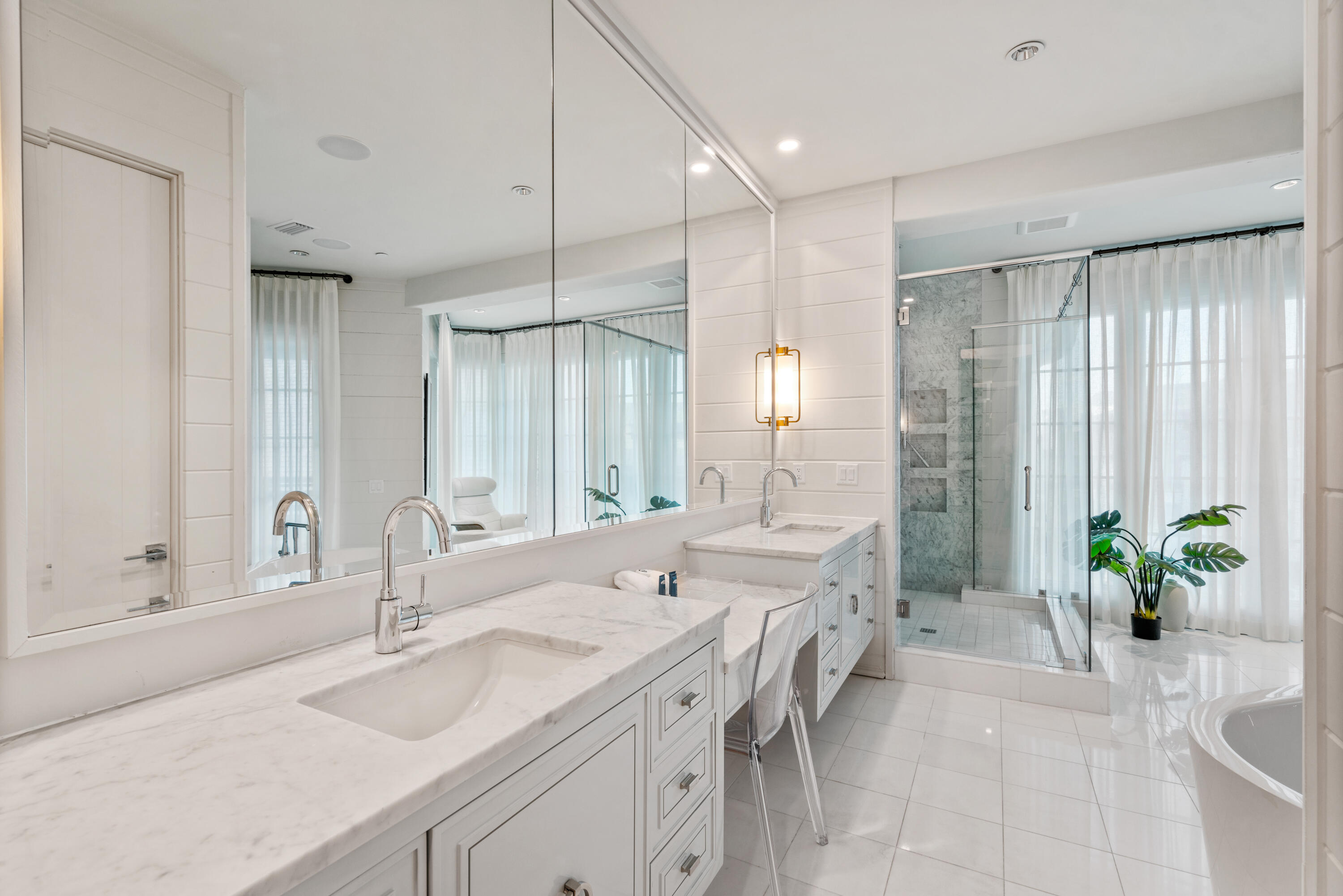 16 South Barrett Square, Unit 5 Rosemary Beach, FL 32461 - Photo 54 of 100 a spacious bathroom with a double vanity sink a large mirror and a shower