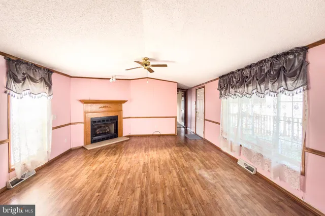 a view of empty room with wooden floor and fireplace