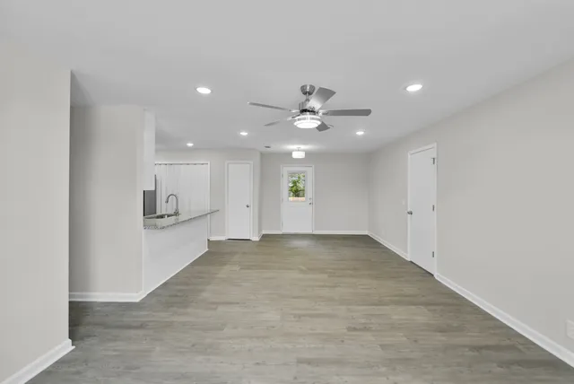 an empty space with a kitchen