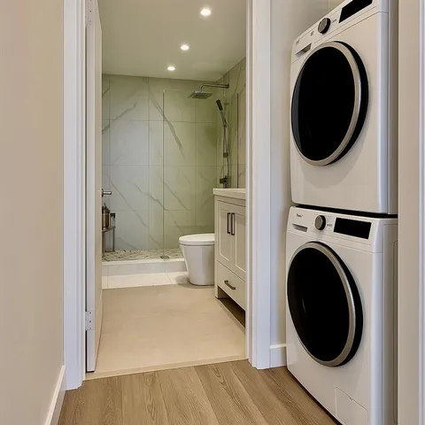 a view of a hallway with washer and dryer