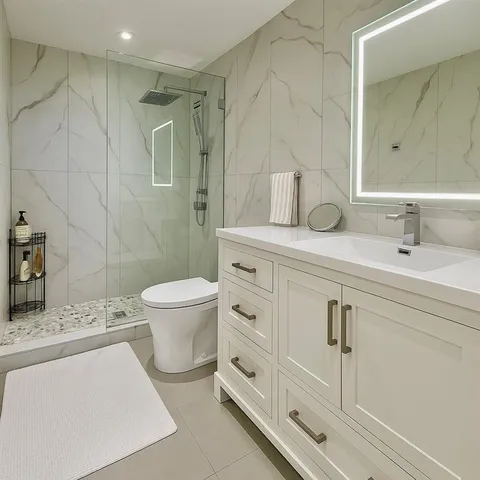 a spacious bathroom with a granite countertop sink a toilet and a mirror