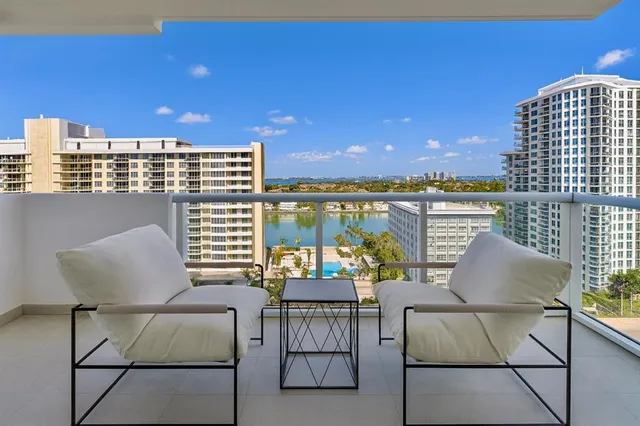 a view of roof deck with outdoor seating and city view