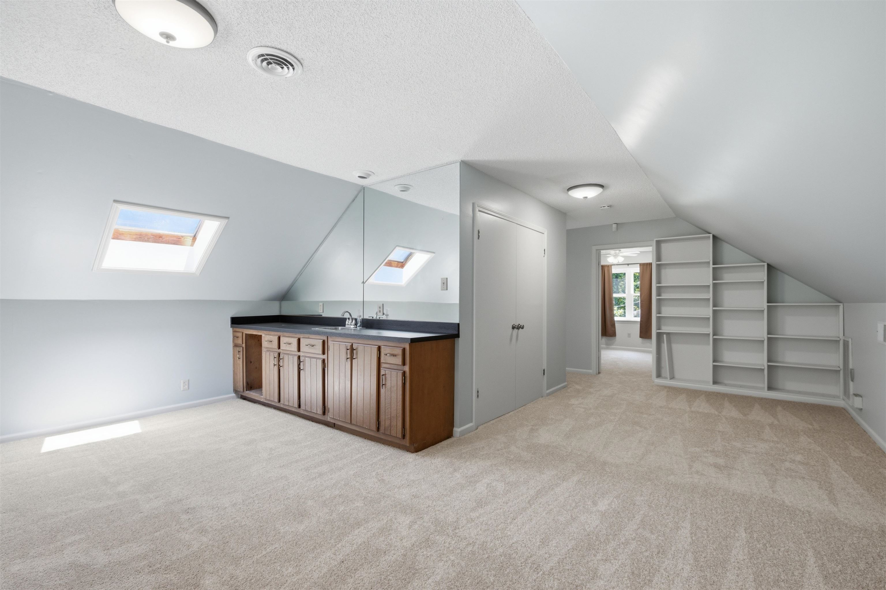 1370 North Reid Hooker Road Eads, TN 38028 - Photo 33 of 39 Carpeted bonus room featuring a built-in wet bar with wood cabinetry and countertop, two skylight windows, built-in shelving, and recessed lighting