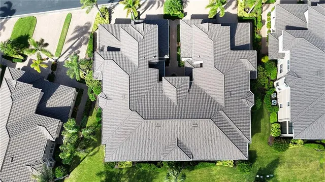 an aerial view of a house with garden