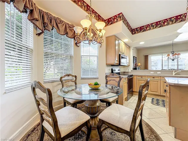 a view of a dining room with furniture and window