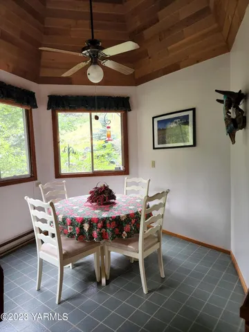 a view of a dining room with furniture window and outside view