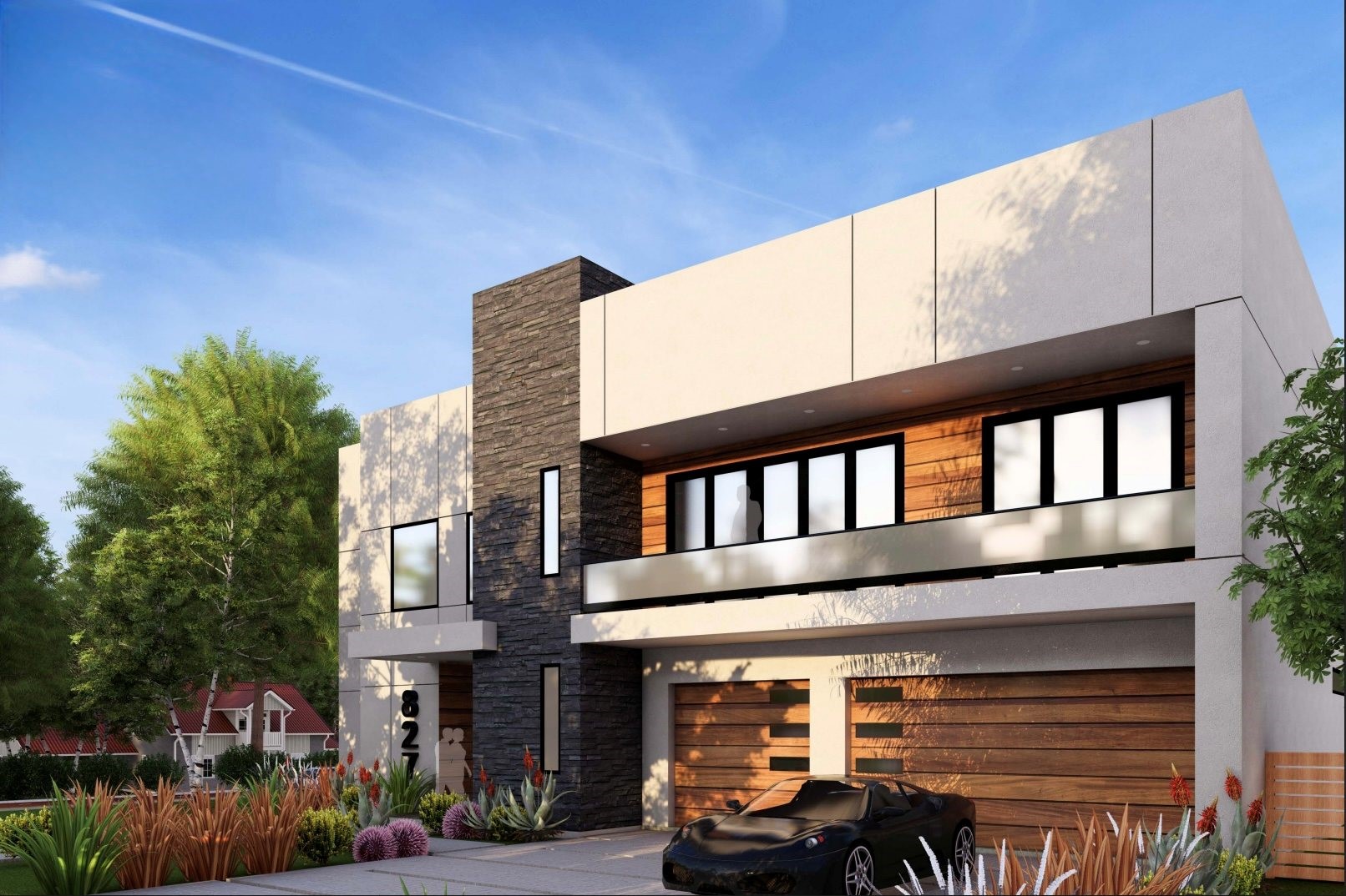 a view of building with car parked