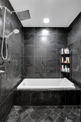 a bathroom with a bathtub and a shower