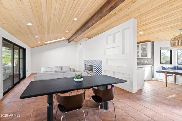 a view of a dining room with furniture