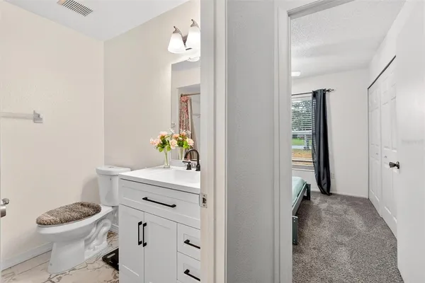 a bathroom with a sink vanity mirror and toilet