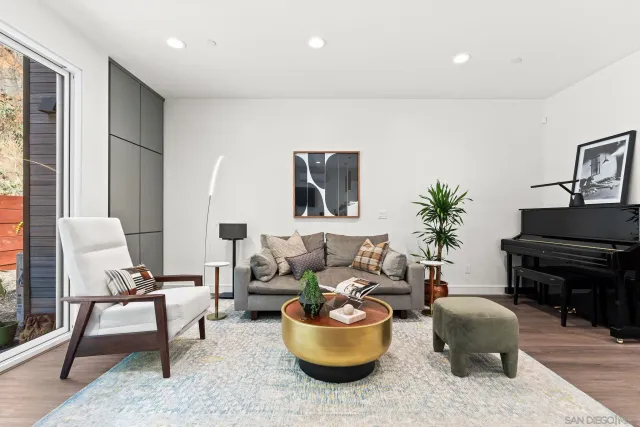 a living room with furniture and a potted plant