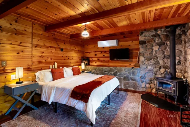 a bed room with a bed and a television