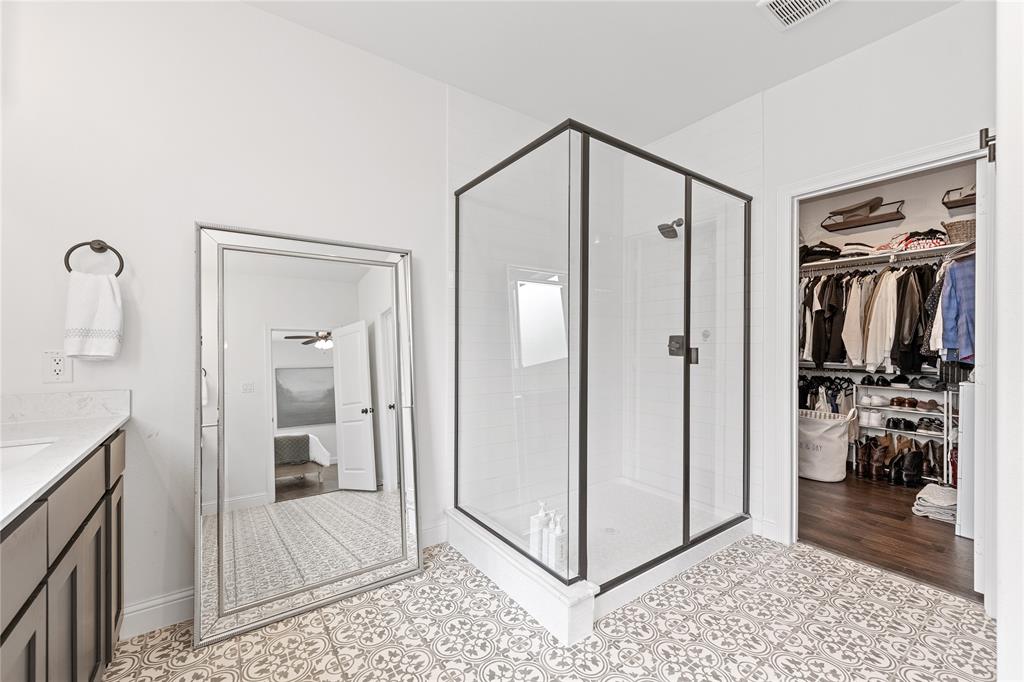 5244 Ranchero Trail Fort Worth, TX 76126 - Photo 18 of 31 Full bathroom with a stall shower, vanity, a spacious closet, and ceiling fan
