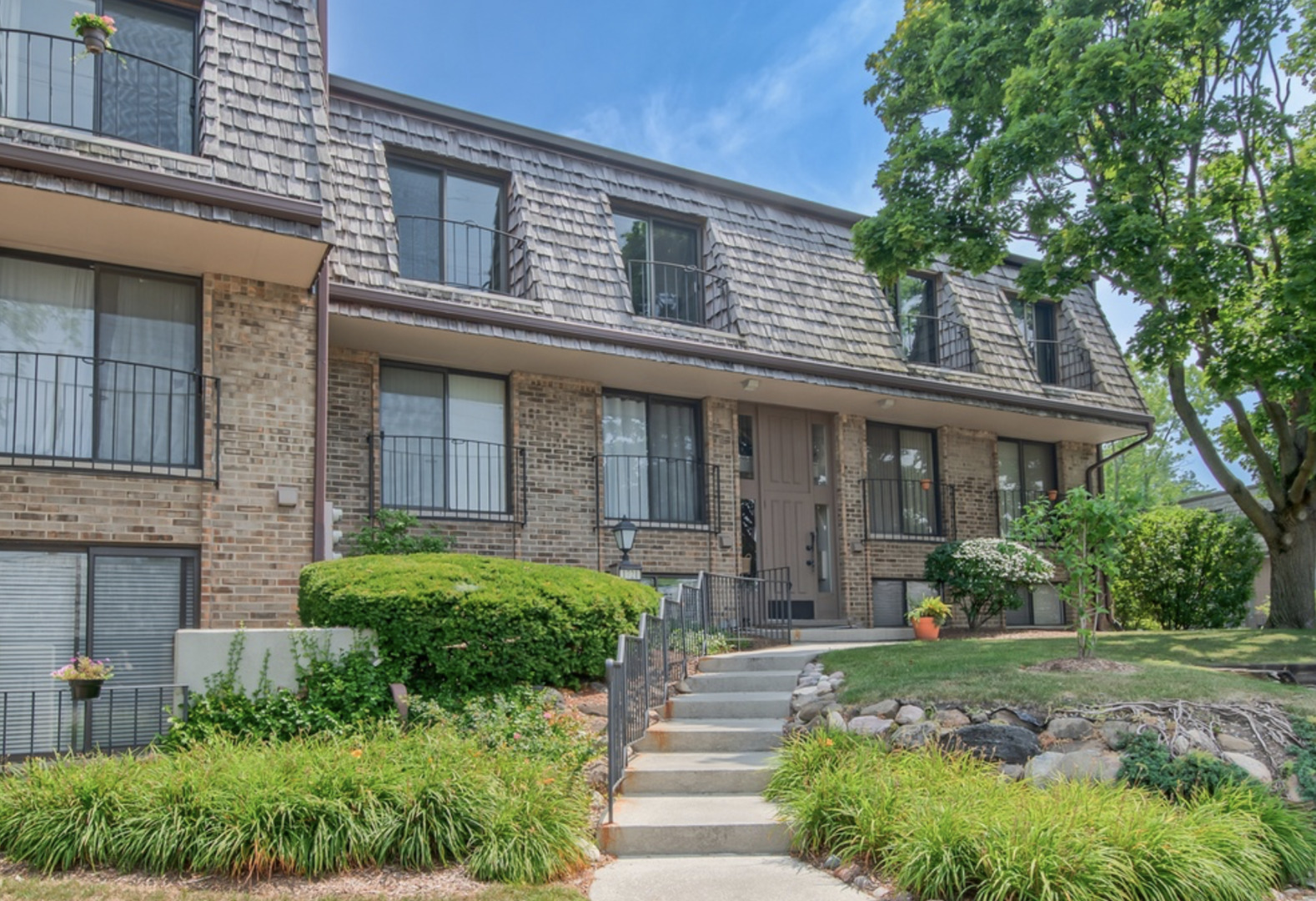 a front view of a house with yard and green space