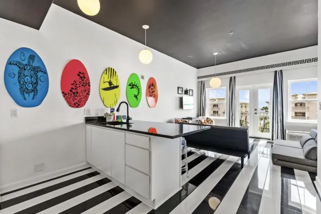 a living room with furniture and a table