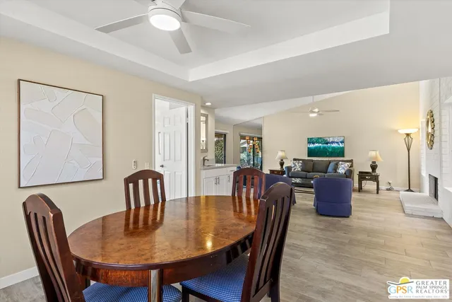 a view of a dining room with furniture