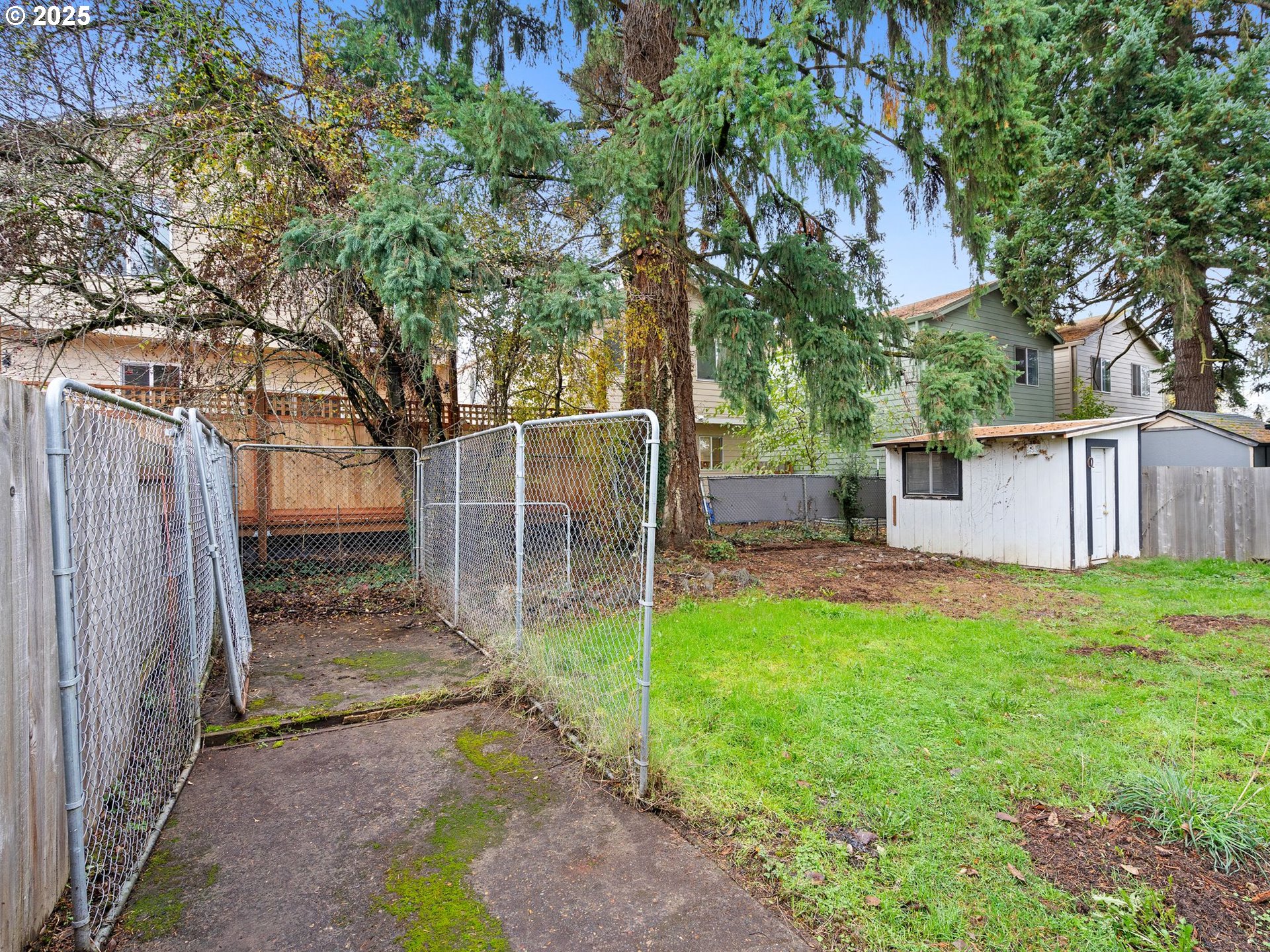 6009 Southeast 138th Place Portland, OR 97236 - Photo 21 of 37 a view of a backyard with large trees and wooden fence