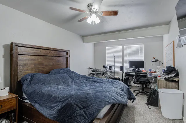 a bedroom with a bed a couch and potted plant