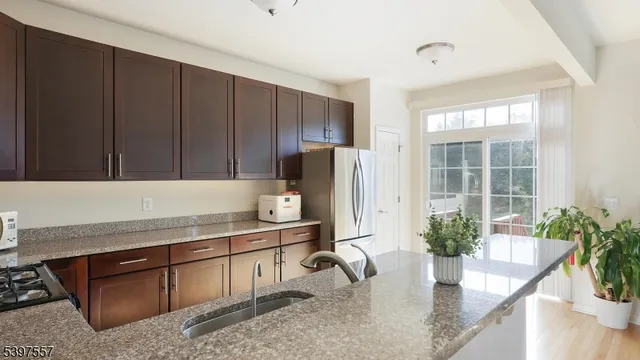 a kitchen with a potted plant on the counter and cabinets