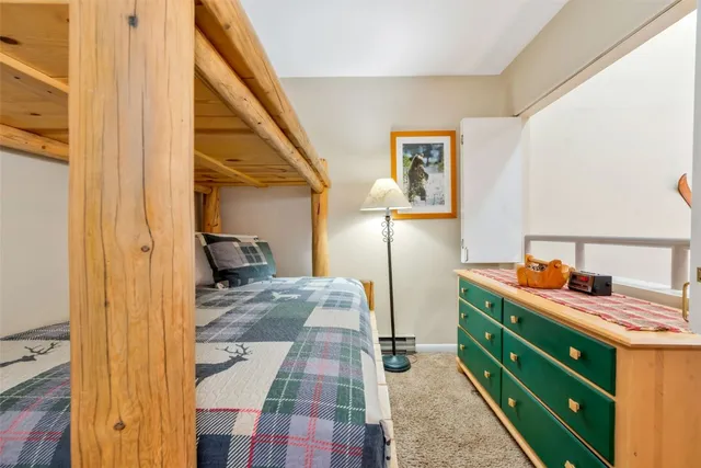 a view of a bedroom with a bed and furniture