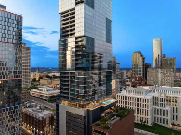 a city view with tall buildings