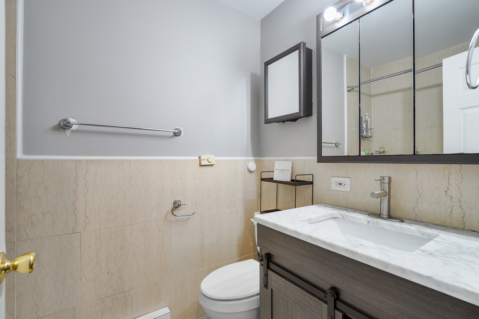 1415 Homestead Road, Unit 8 La Grange Park, IL 60526 - Photo 11 of 16 a bathroom with a granite countertop sink a toilet and mirror