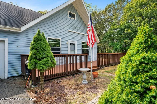 a backyard of a house with potted plants and large tree