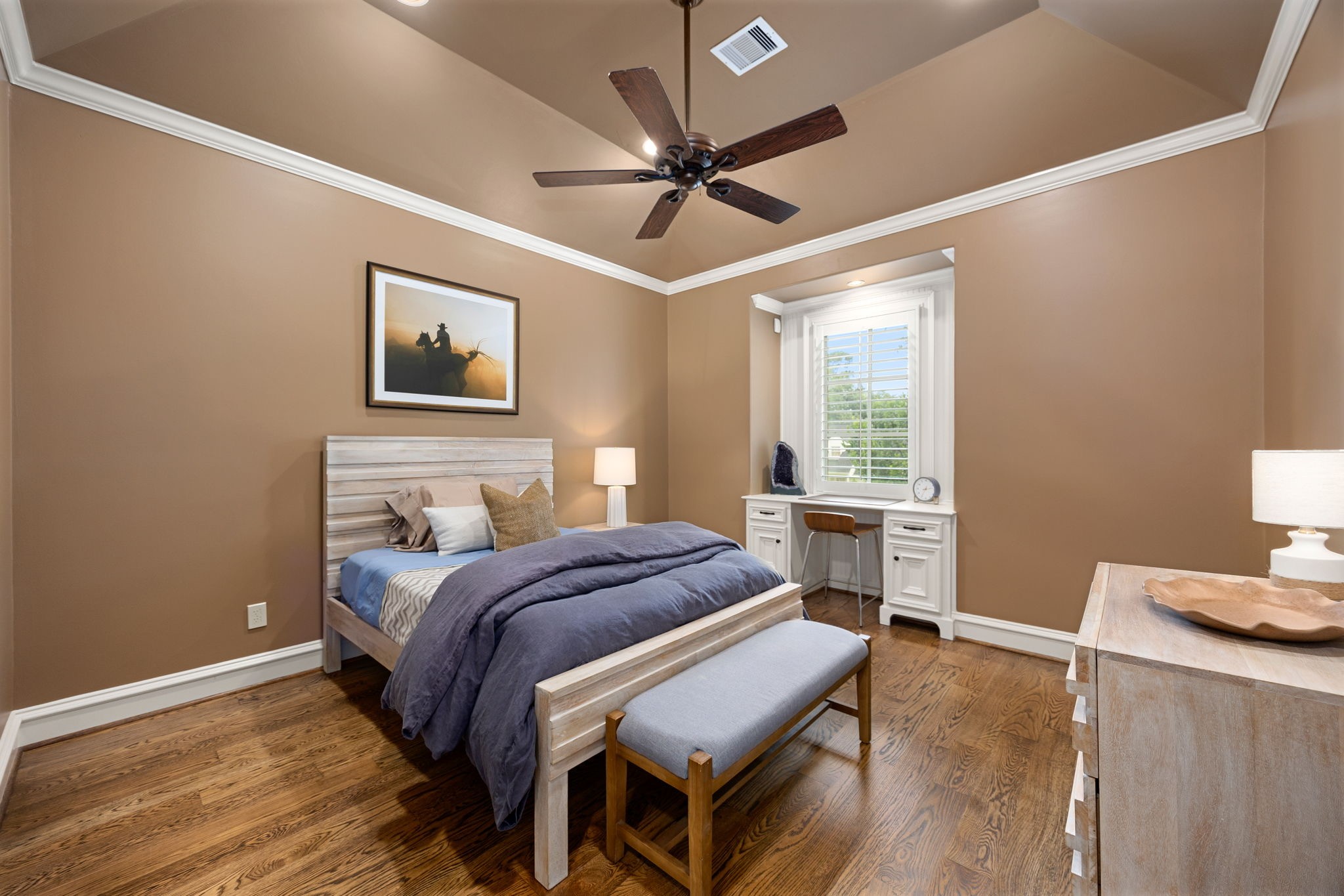 13310 Apple Tree Road Houston, TX 77079 - Photo 34 of 50 3rd Secondary bedroom has a tray ceiling, built in desk and walk-in closet.