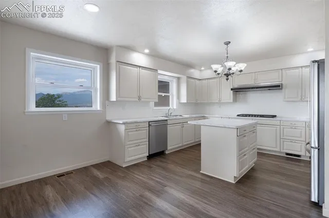 a kitchen with a white cabinets counter top space and stainless steel appliances
