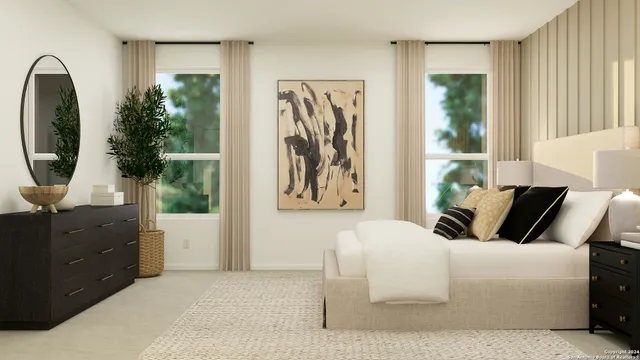 a living room with furniture and a mirror